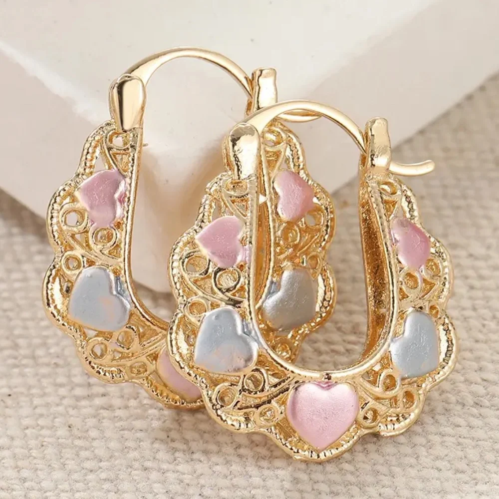 NWT! Pretty Gold Tone Hoop Pierced Earrings with Pastel Pink and Blue Hearts!